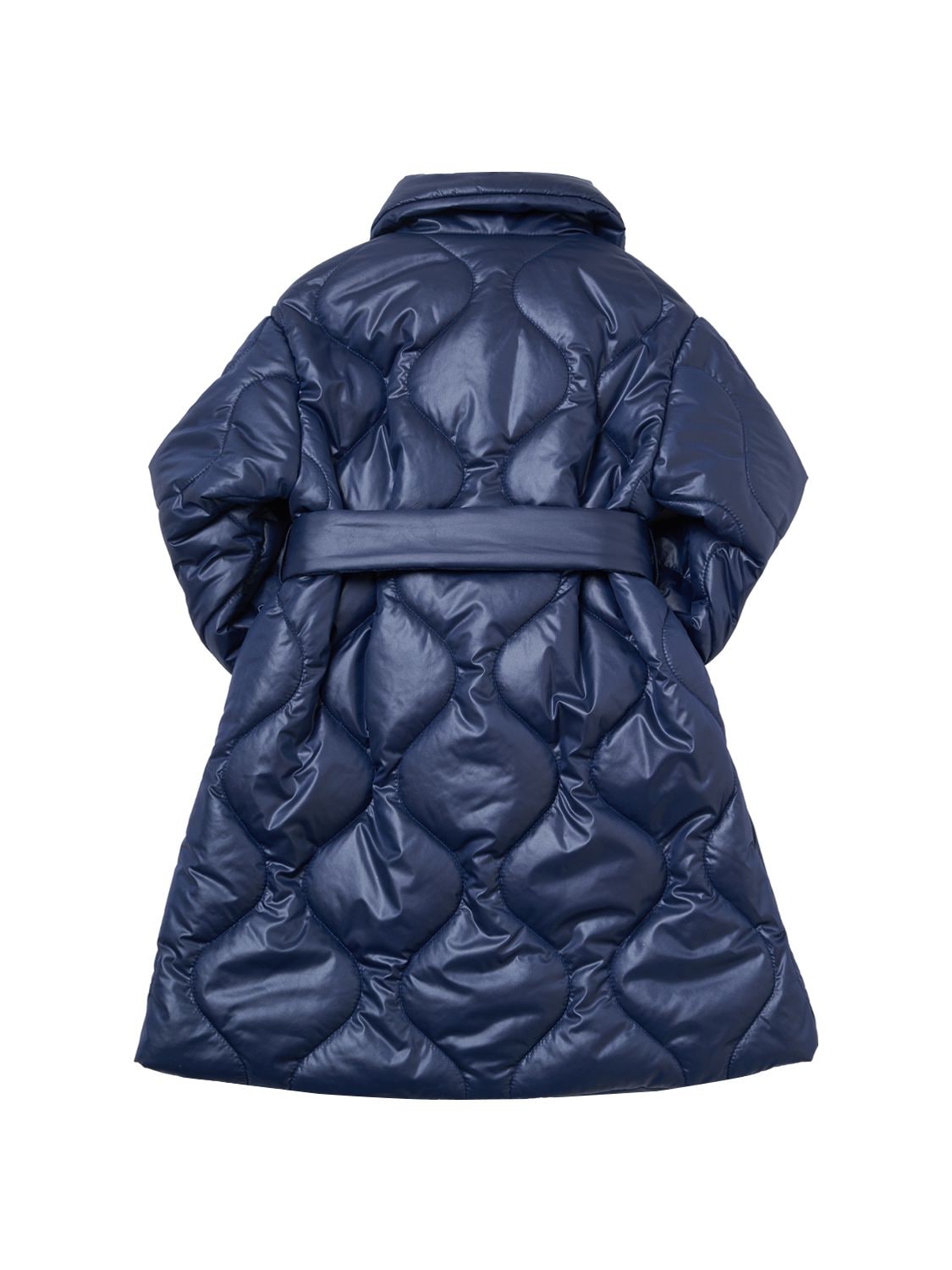 Monnalisa Quilted Nylon Puffer Coat W/ Belt In Navy
