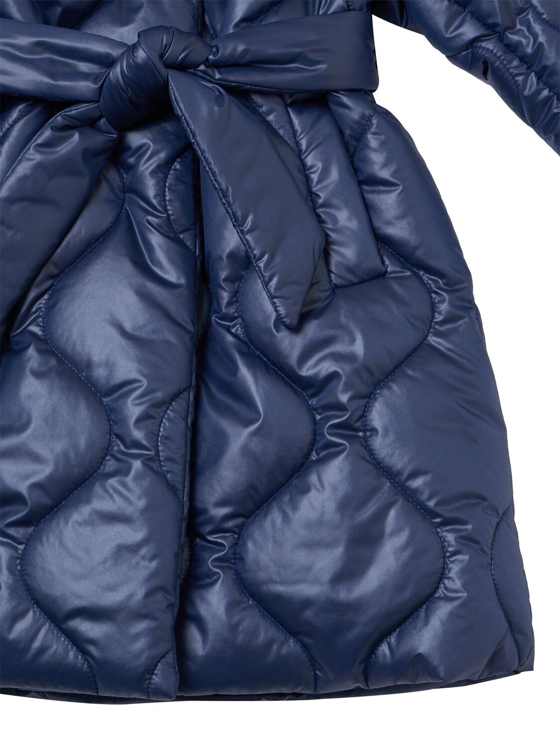 Shop Monnalisa Quilted Nylon Puffer Coat W/ Belt In Navy