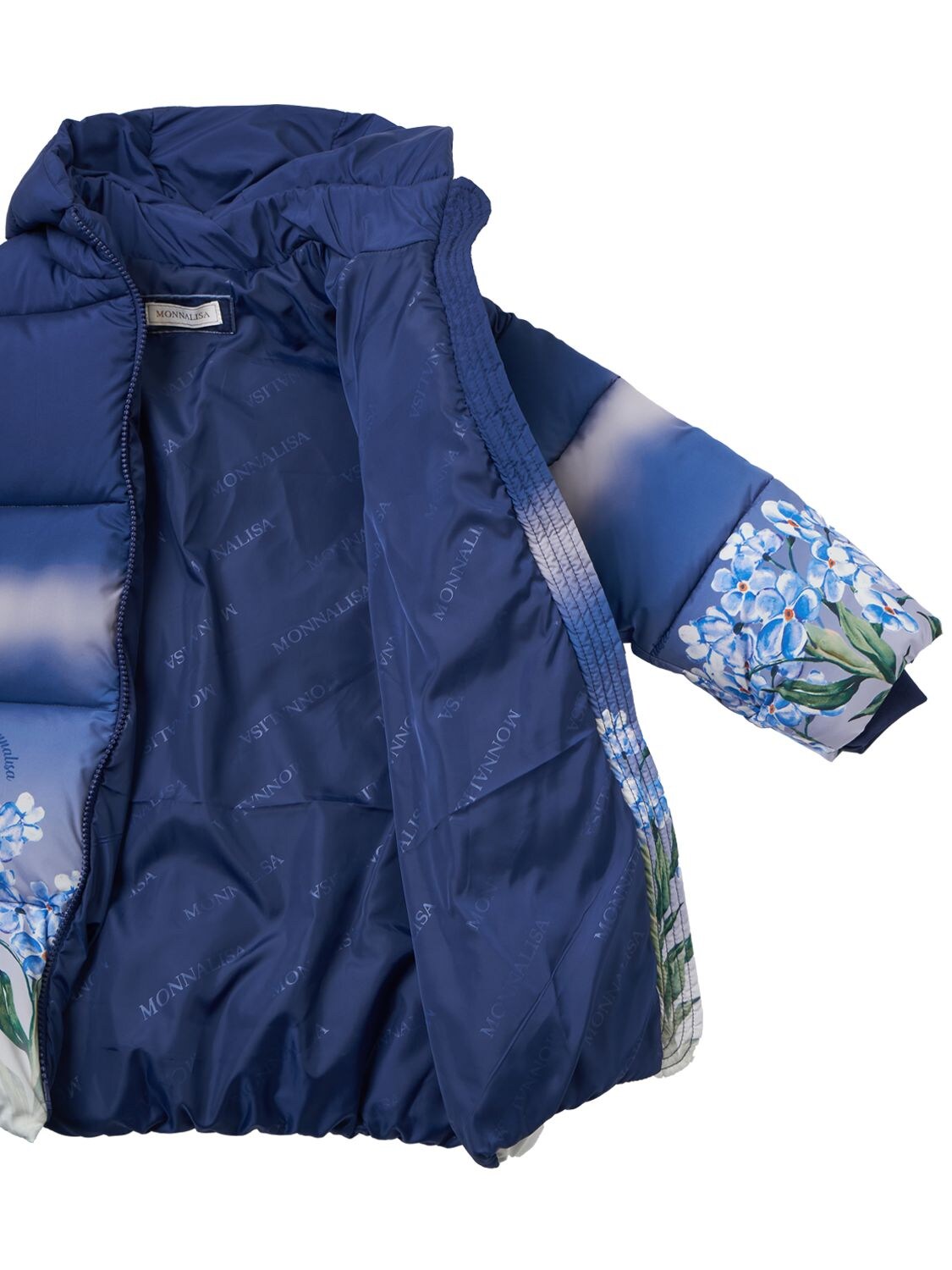 Shop Monnalisa Printed Hooded Nylon Puffer Coat In Blue
