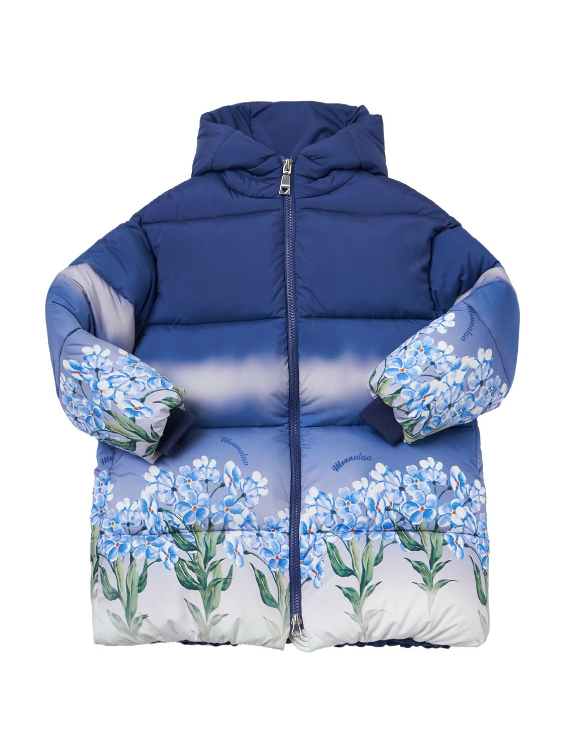 Shop Monnalisa Printed Hooded Nylon Puffer Coat In Blue