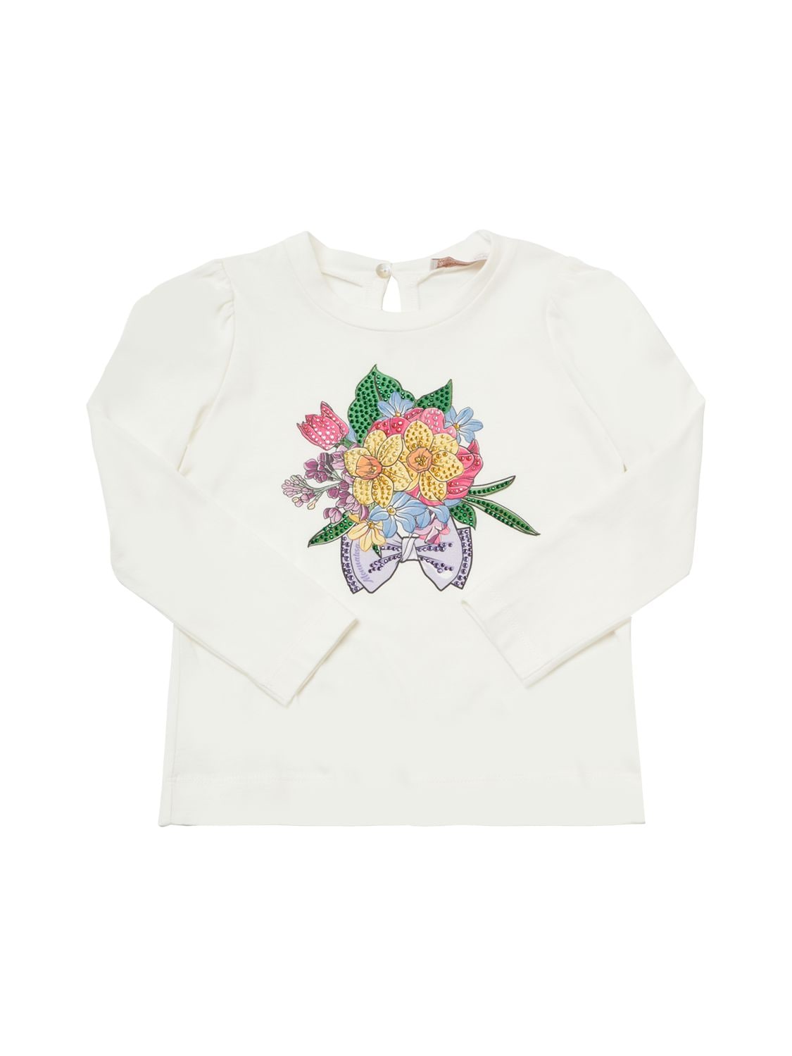 Monnalisa Kids' Flower Printed Cotton Jersey T-shirt In White