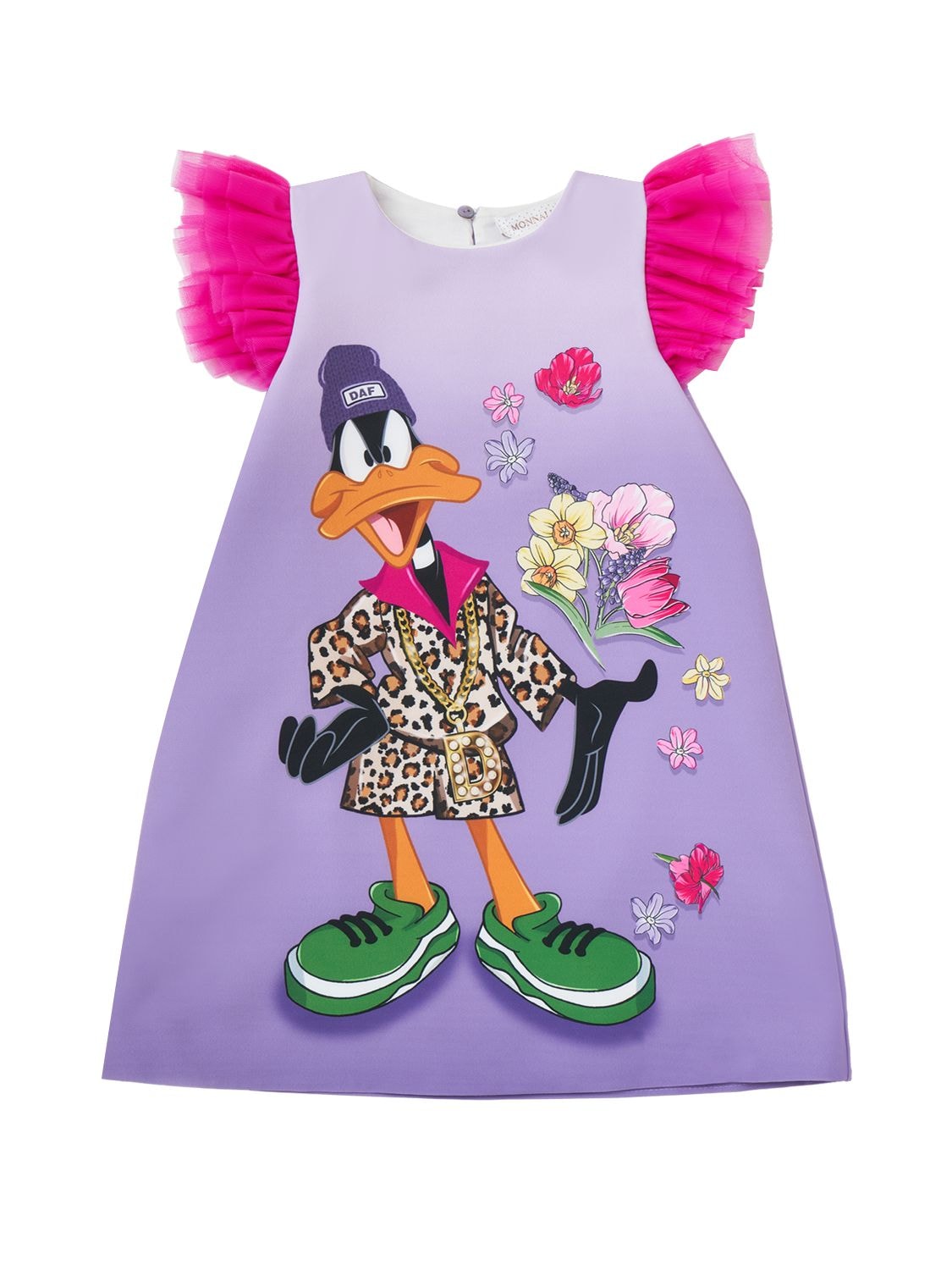 Monnalisa Kids' Duffy Duck Printed Crêpe Dress In Multicolor