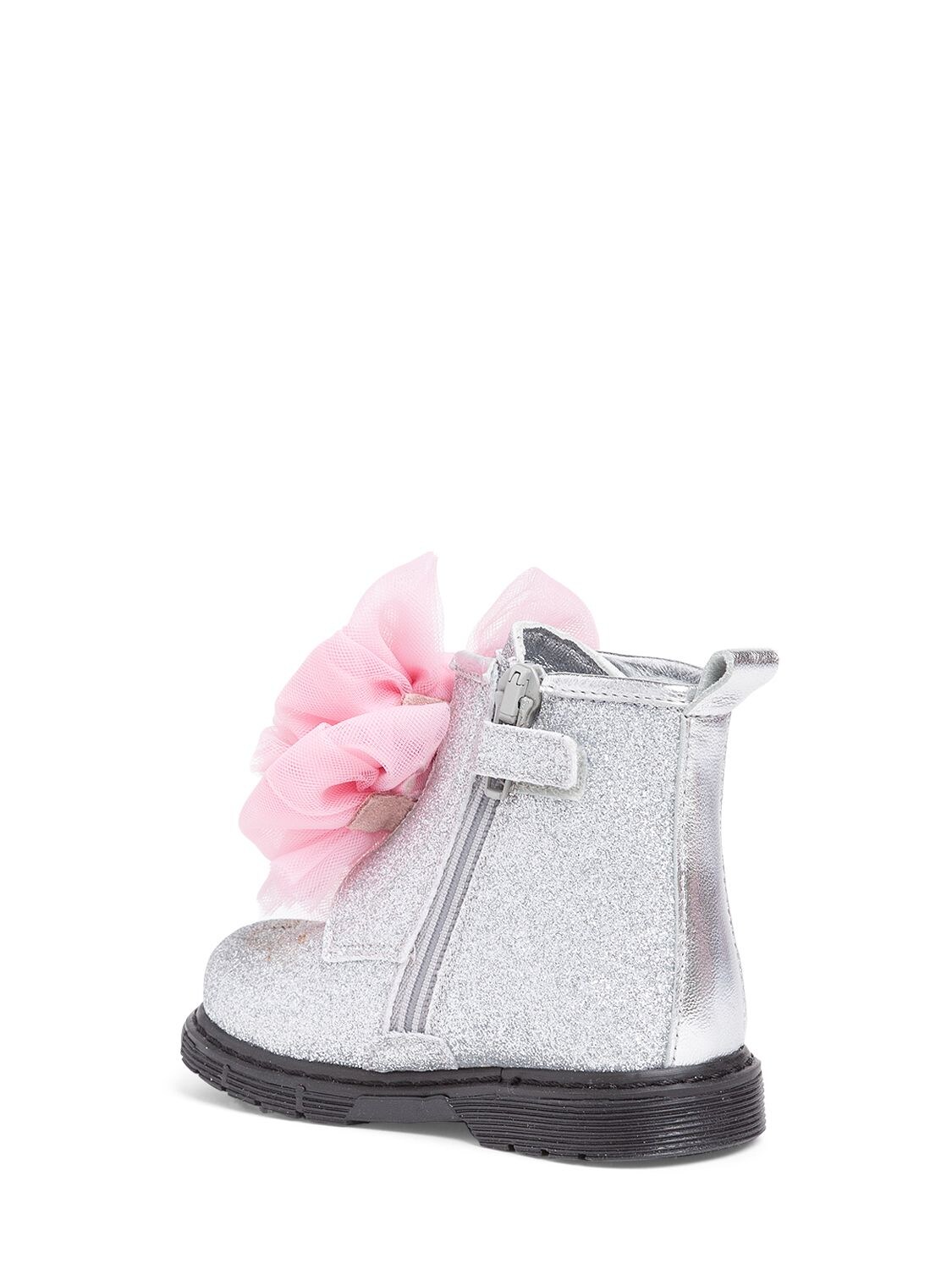 Shop Monnalisa Glittered Zip-up Boots W/ Tulle Bow In Silver