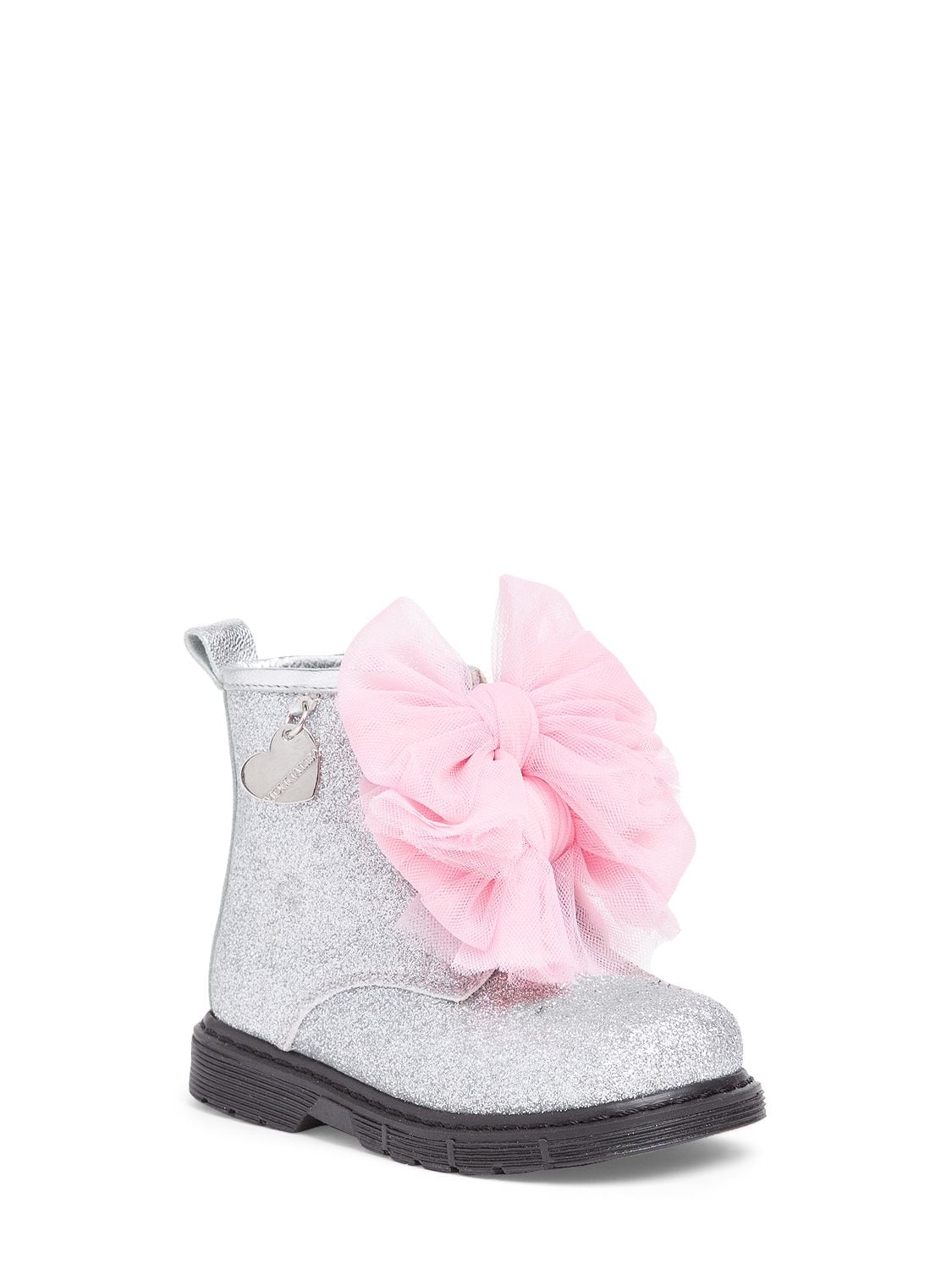 Shop Monnalisa Glittered Zip-up Boots W/ Tulle Bow In Silver