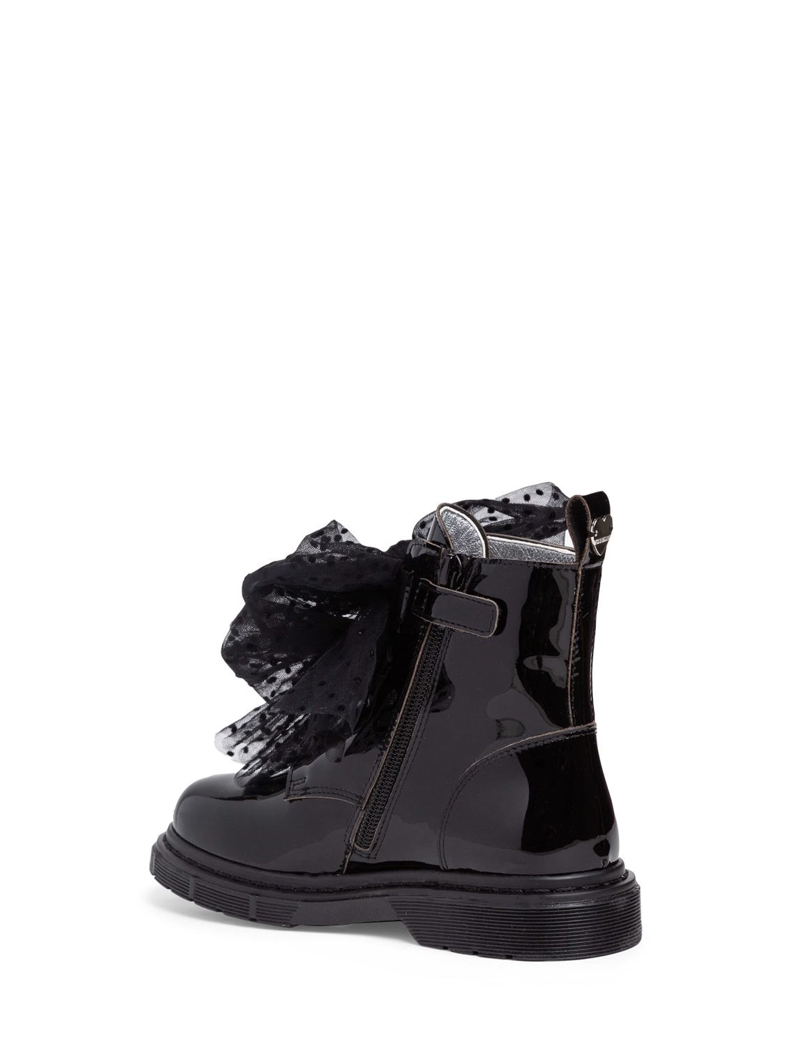 Shop Monnalisa Patent Leather Boots W/ Tulle Bow In Black