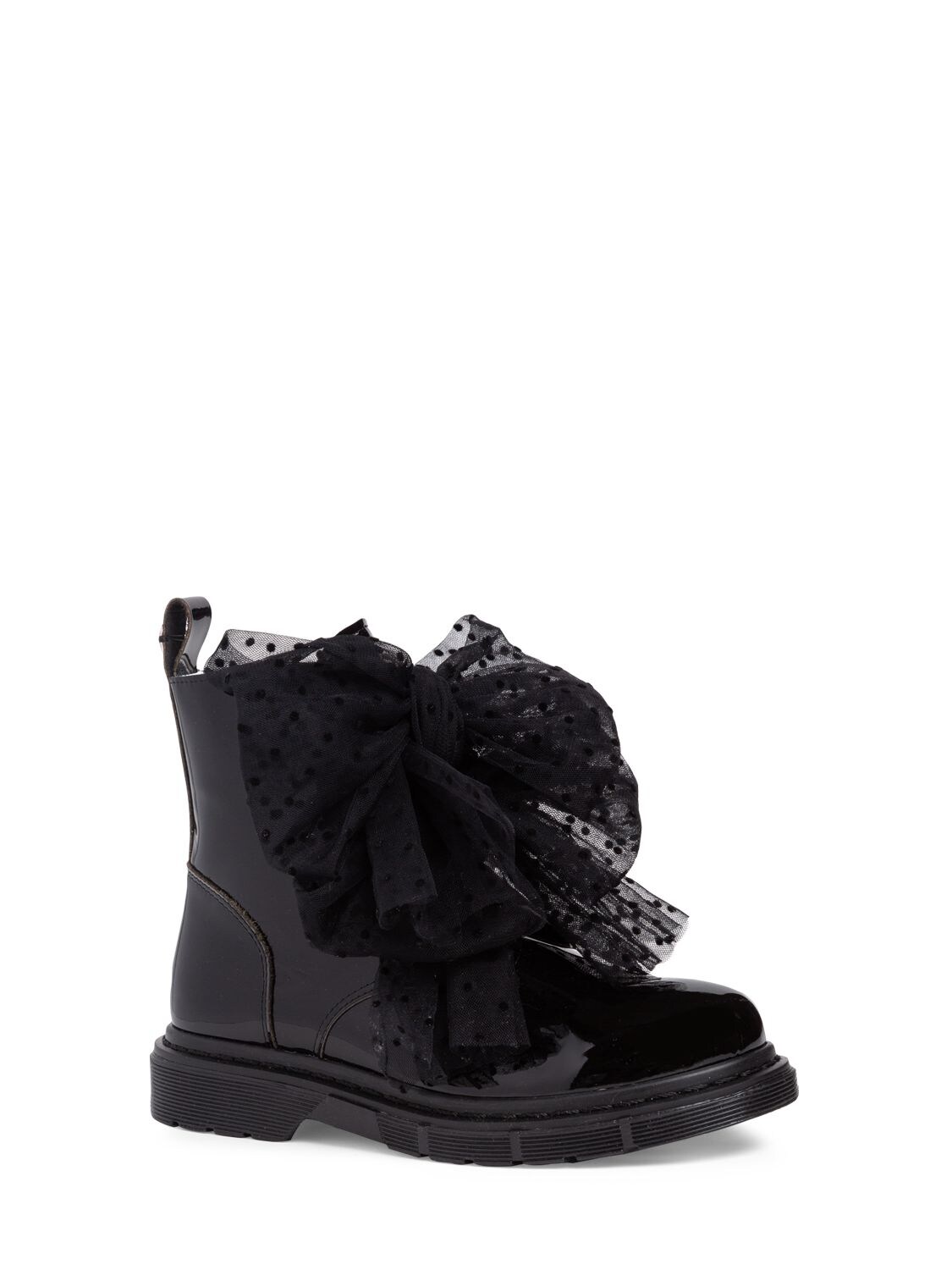 Shop Monnalisa Patent Leather Boots W/ Tulle Bow In Black