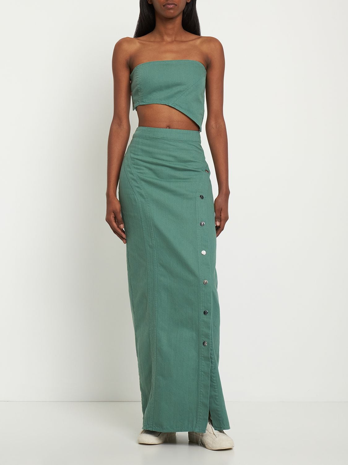 Shop Cannari Concept Summer Washed Cotton Twill Long Skirt In Green