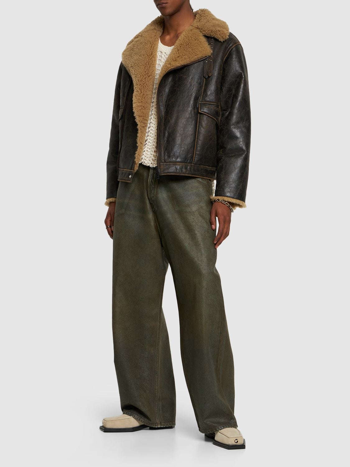 Shop Acne Studios Liana Cracked Shearling Jacket In Brown,beige