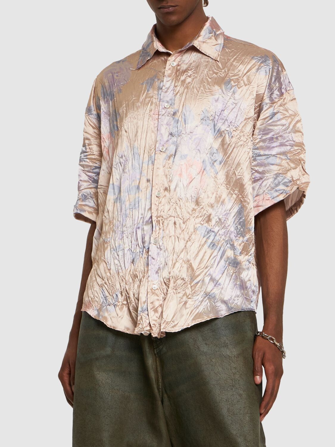 Shop Acne Studios Crinkled Short Sleeve Shirt In Blush Beige