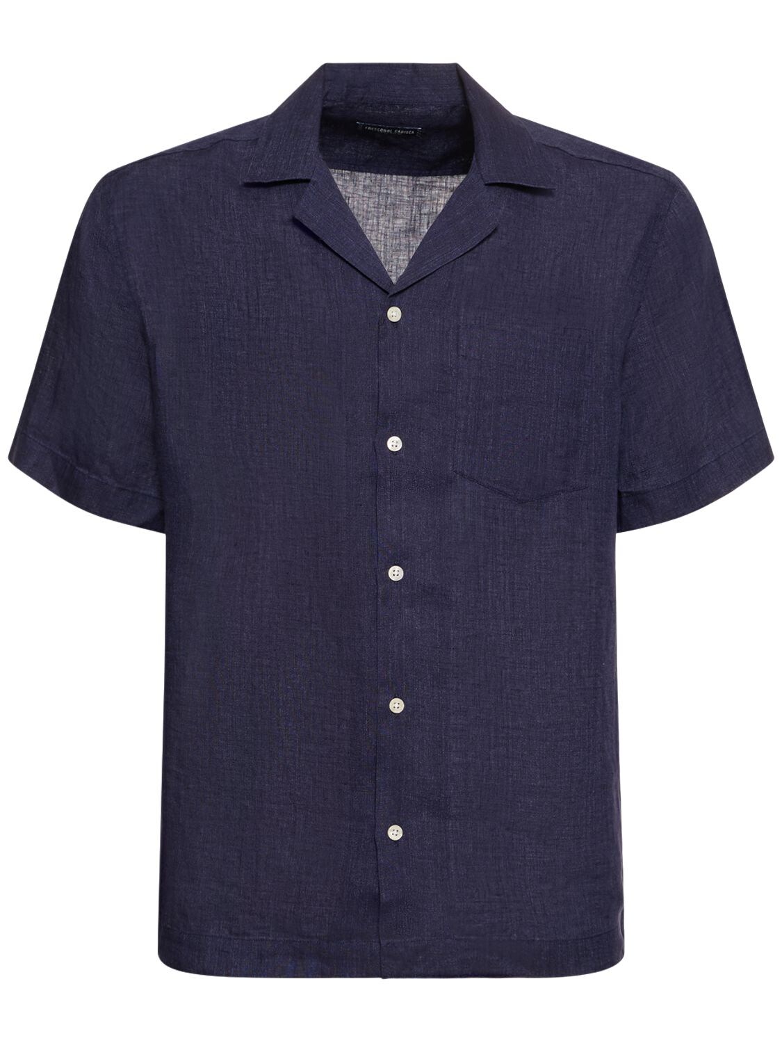 Shop Frescobol Carioca Angelo Linen Bowling Shirt In Midnight Blue