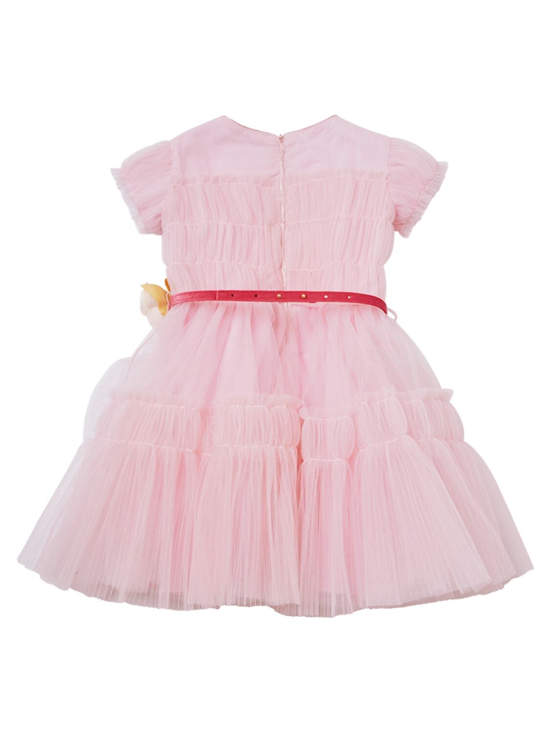 Shop Monnalisa Tiered Tulle Dress W/ Flower Belt In Pink