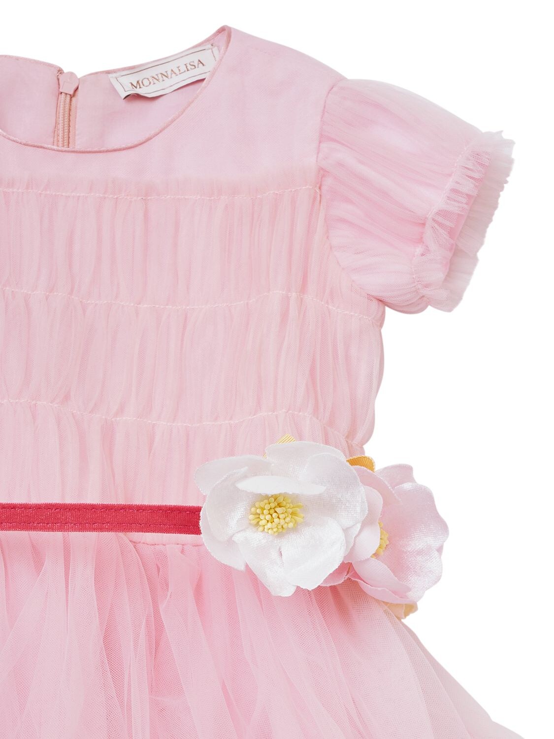 Shop Monnalisa Tiered Tulle Dress W/ Flower Belt In Pink