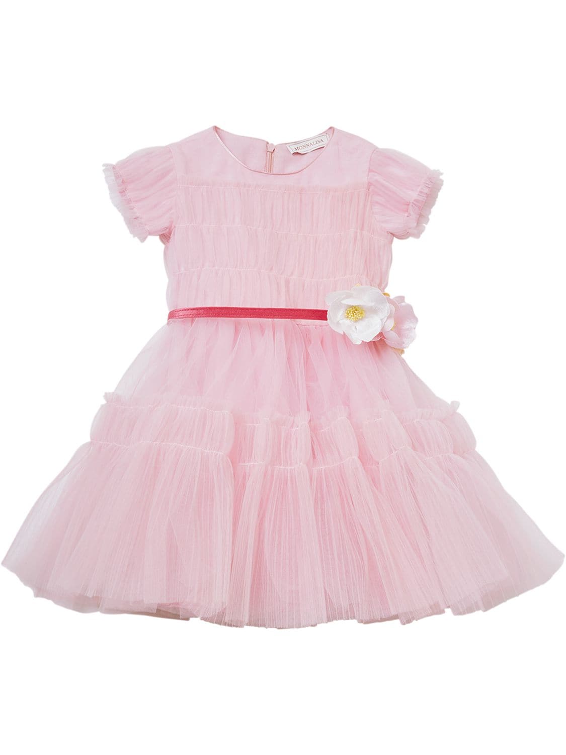 Monnalisa Kids' Tiered Tulle Dress W/ Flower Belt In Pink