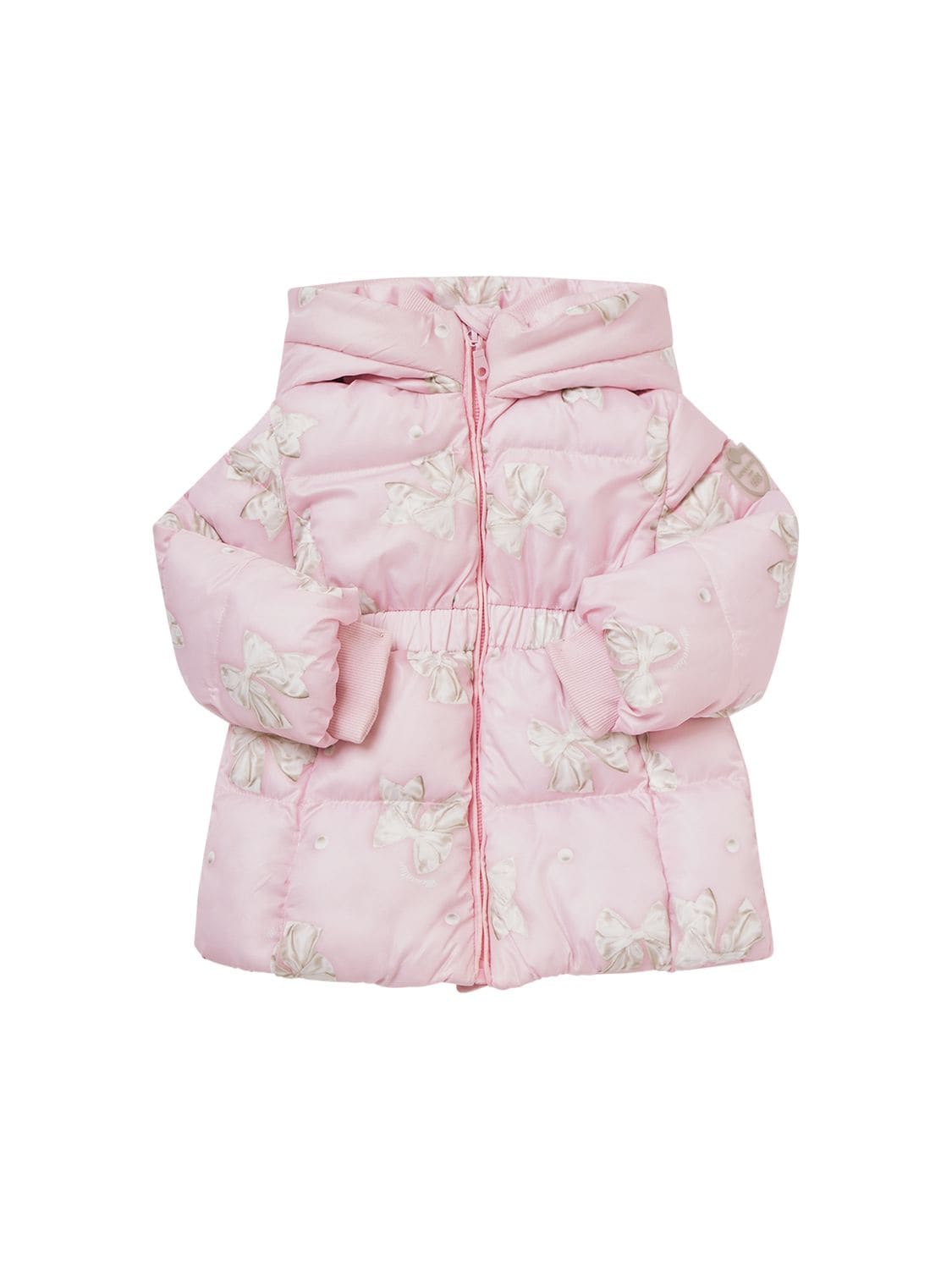 Monnalisa Kids' Bow Print Hooded Nylon Puffer Jacket In Pink