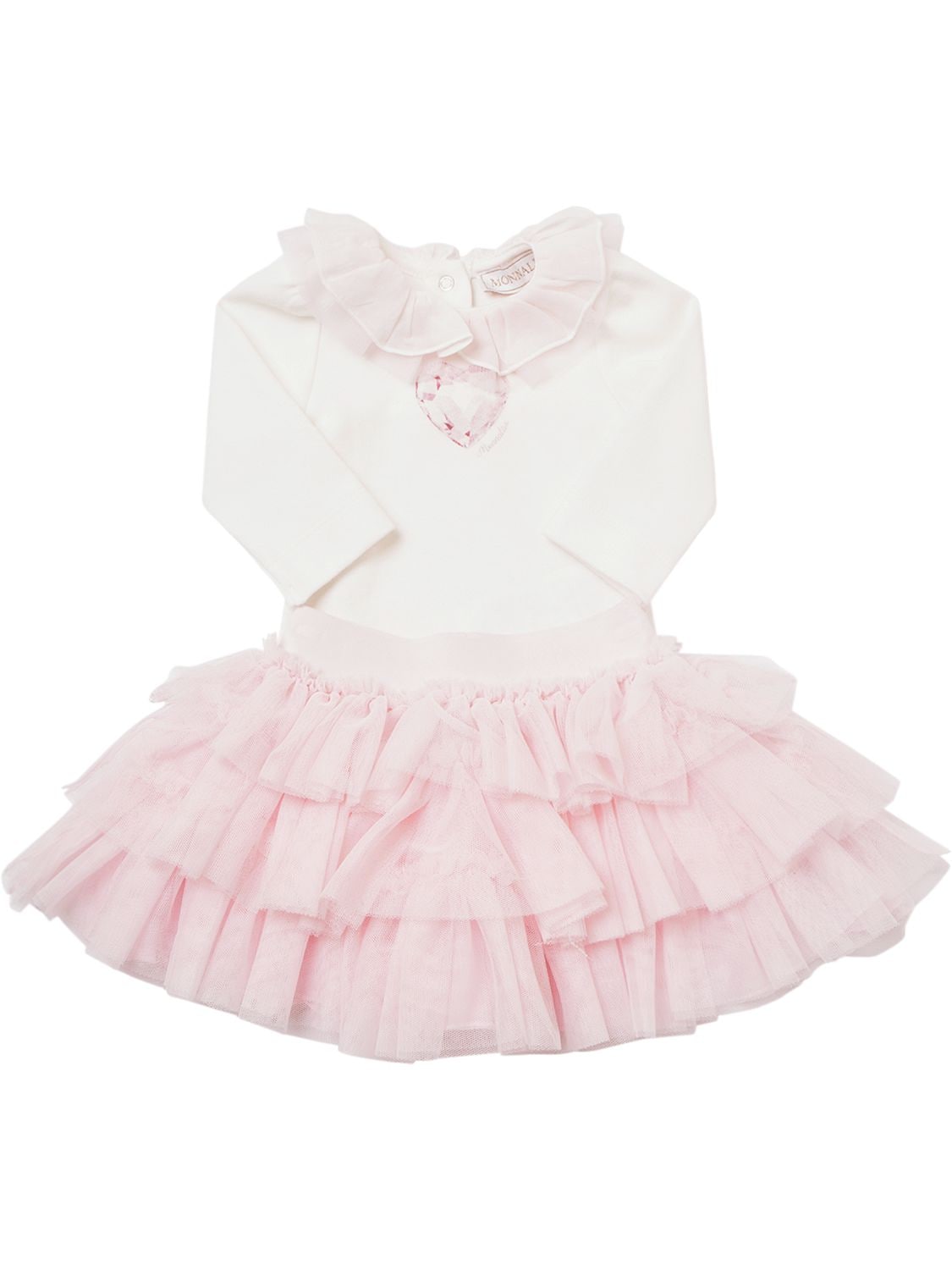 Monnalisa Babies' Cotton Jersey Bodysuit & Tulle Skirt In White,pink