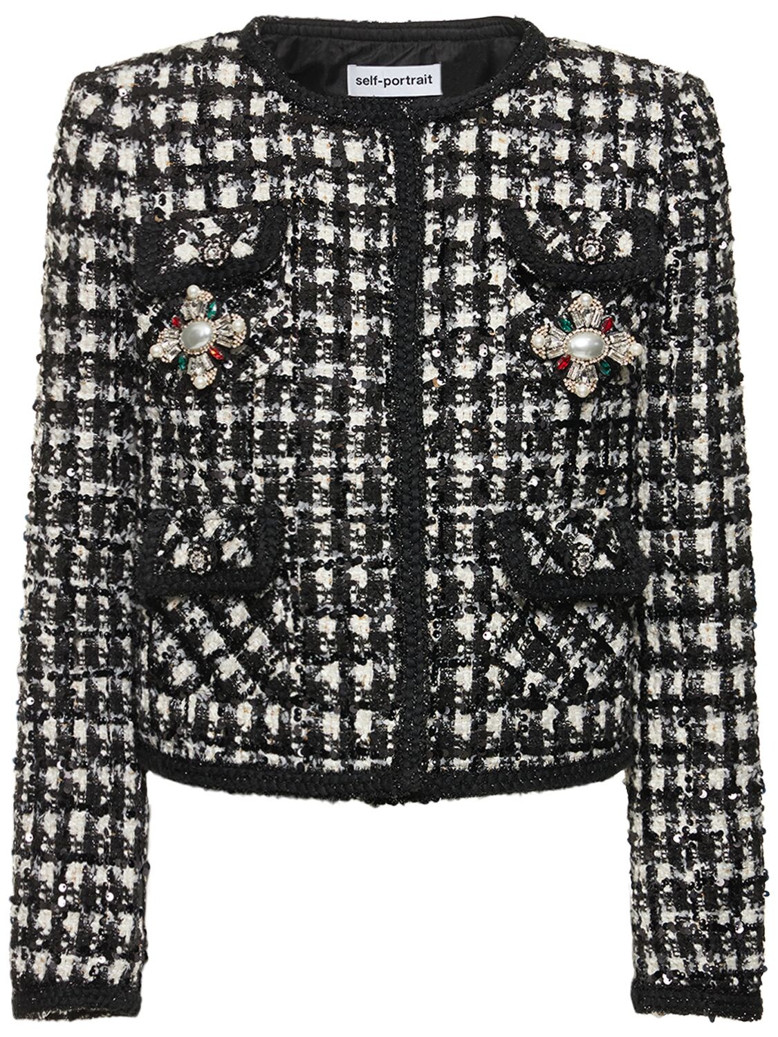 SELF-PORTRAIT Embellished Checked Bouclé Jacket