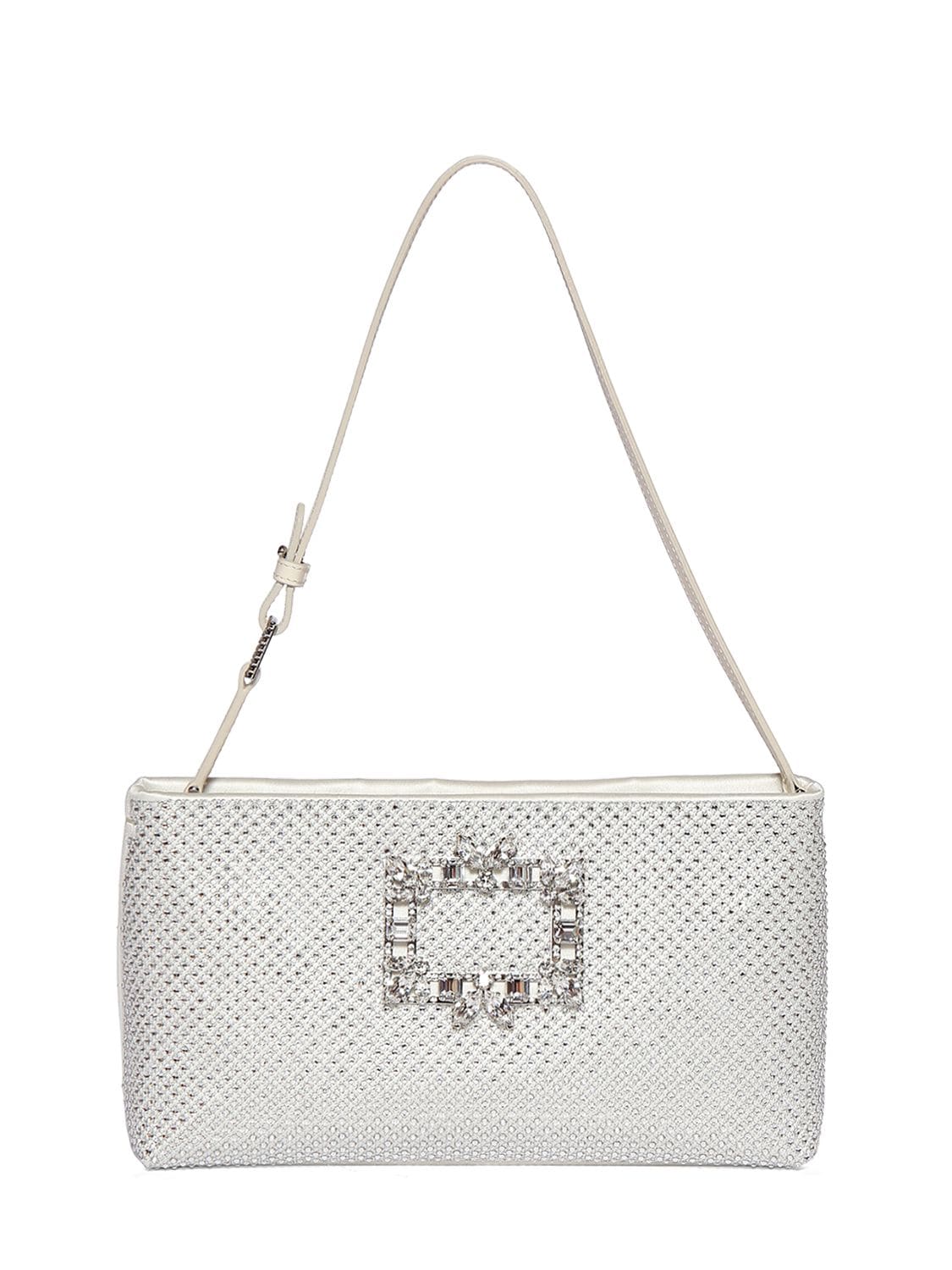 Roger Vivier Mini Rv Nightlily Satin Bag W/crystals In Silver