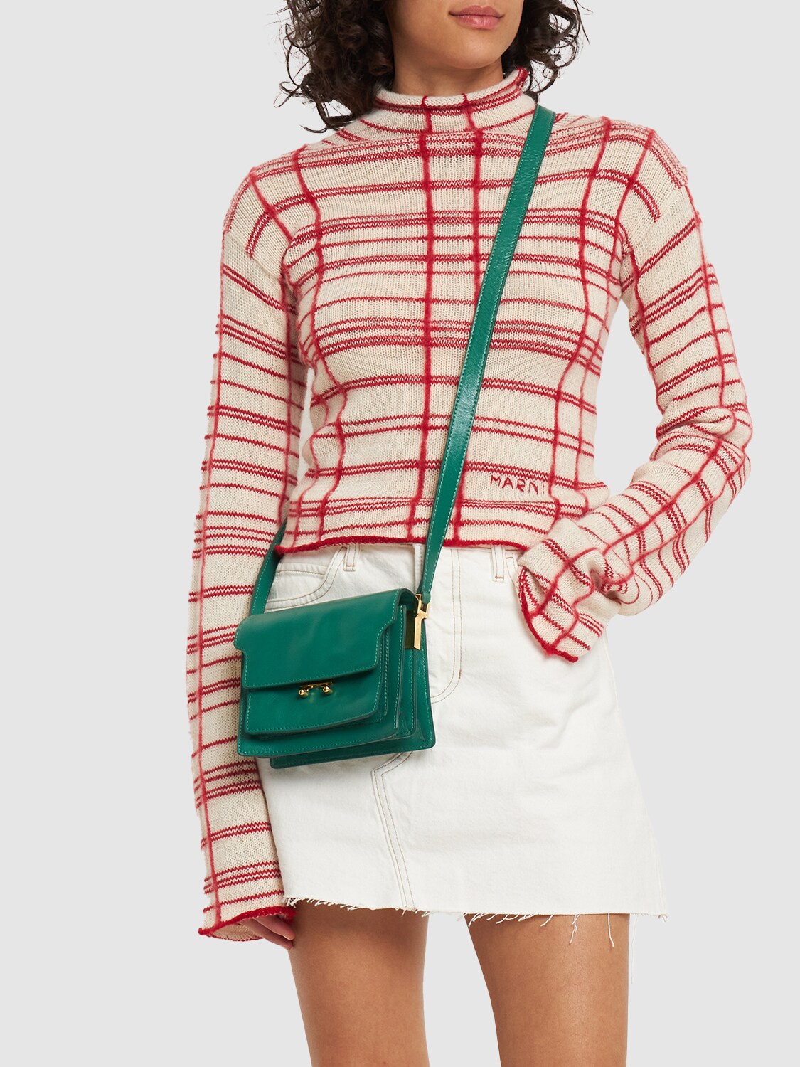 TRUNK SOFT mini bag in green and burgundy leather
