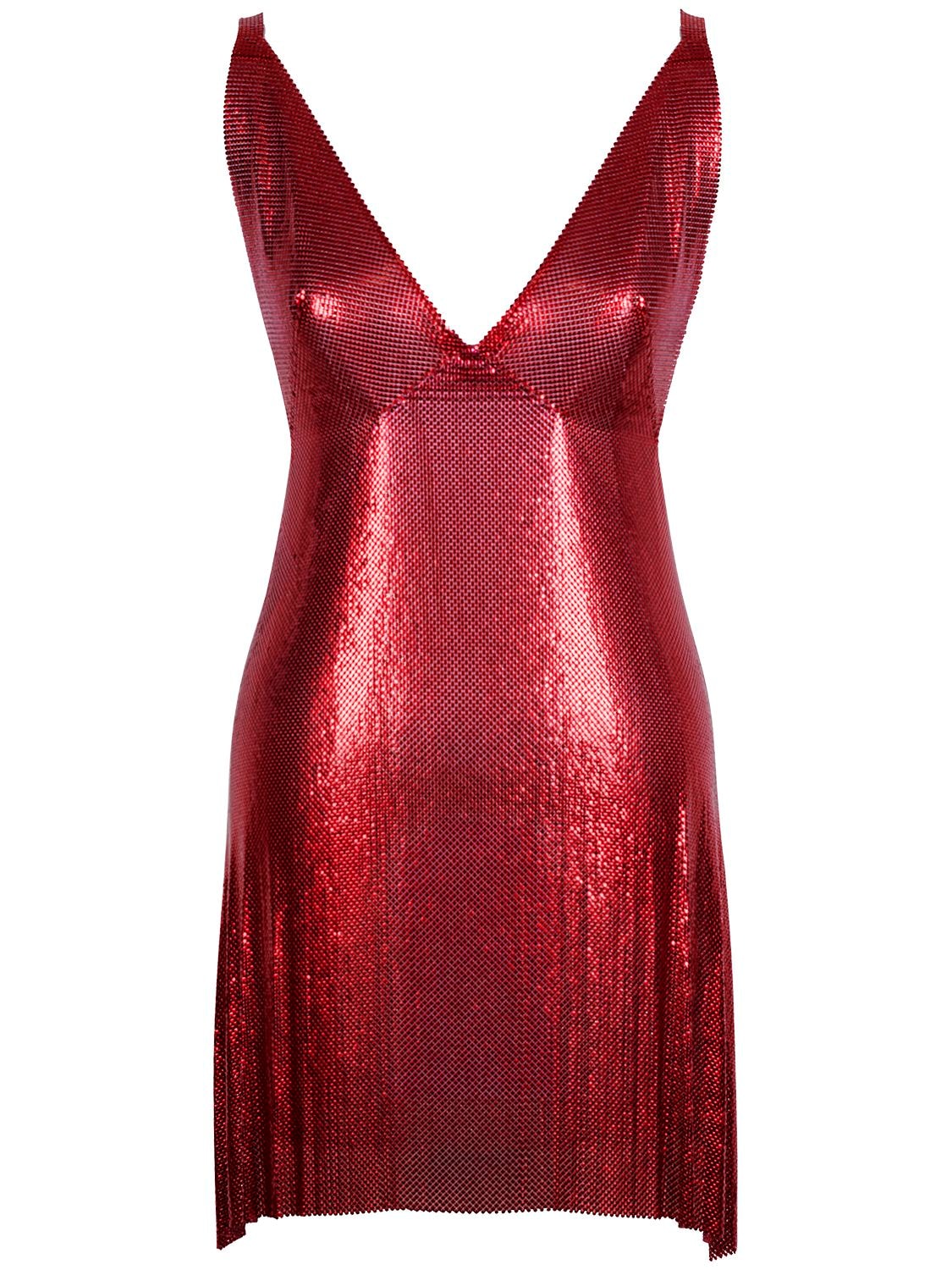 Fannie Schiavoni Kelly Metallic Mesh V Neck Mini Dress In Red