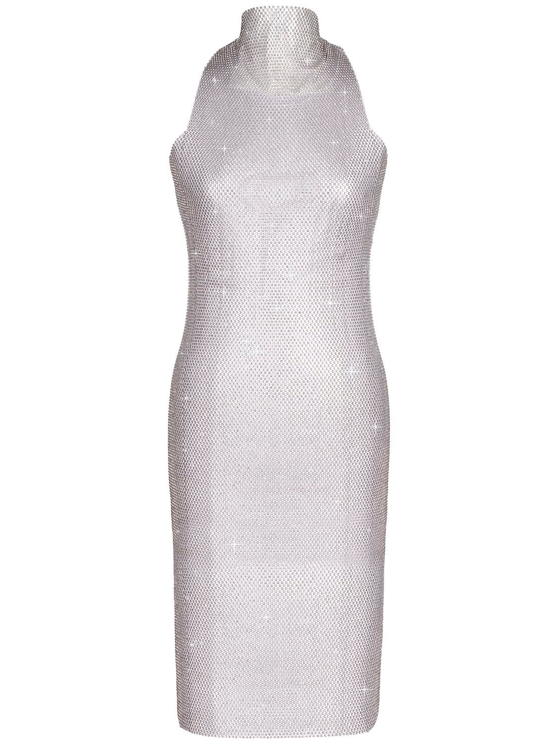 Fannie Schiavoni Vanessa Crystal Mesh Midi Dress In Silver