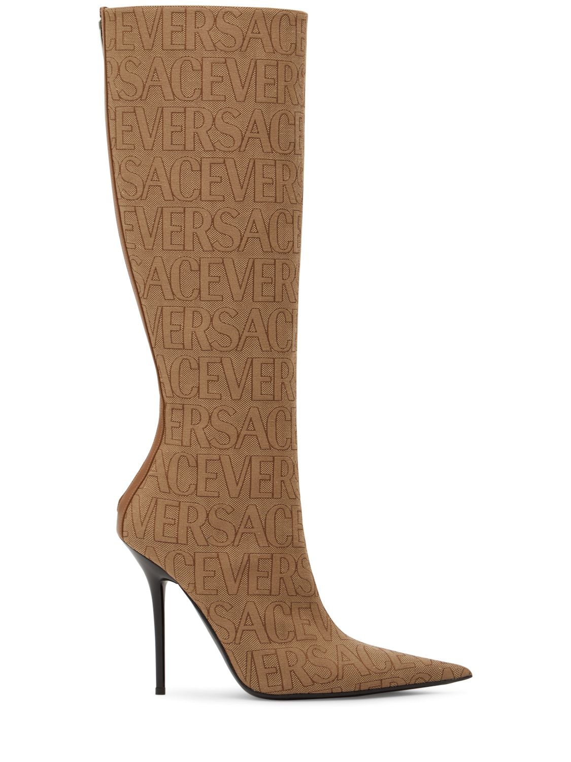 Versace 110mm Canvas & Leather Boots In Beige