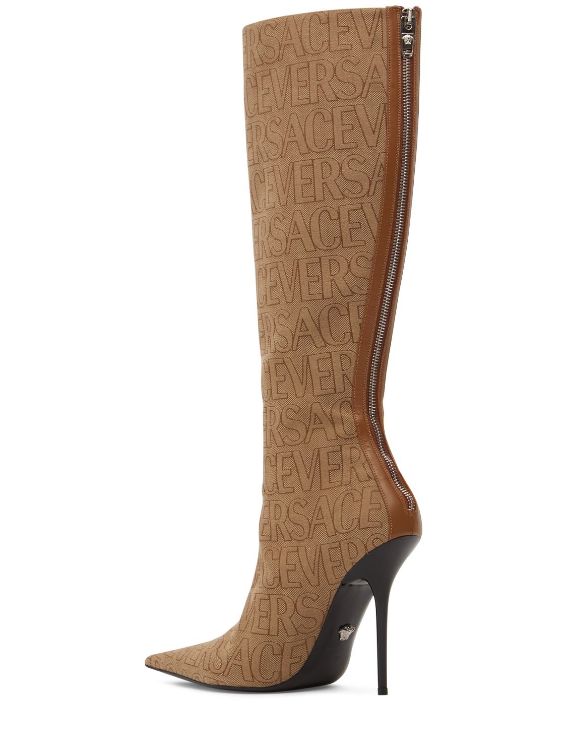 Shop Versace 110mm Canvas & Leather Boots In Beige
