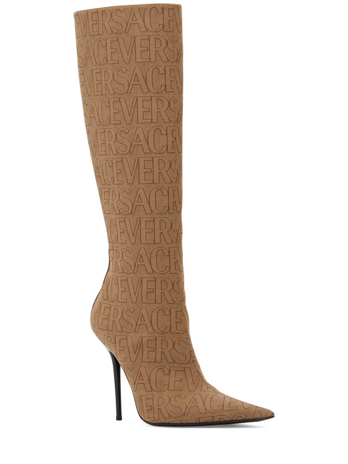 Shop Versace 110mm Canvas & Leather Boots In Beige