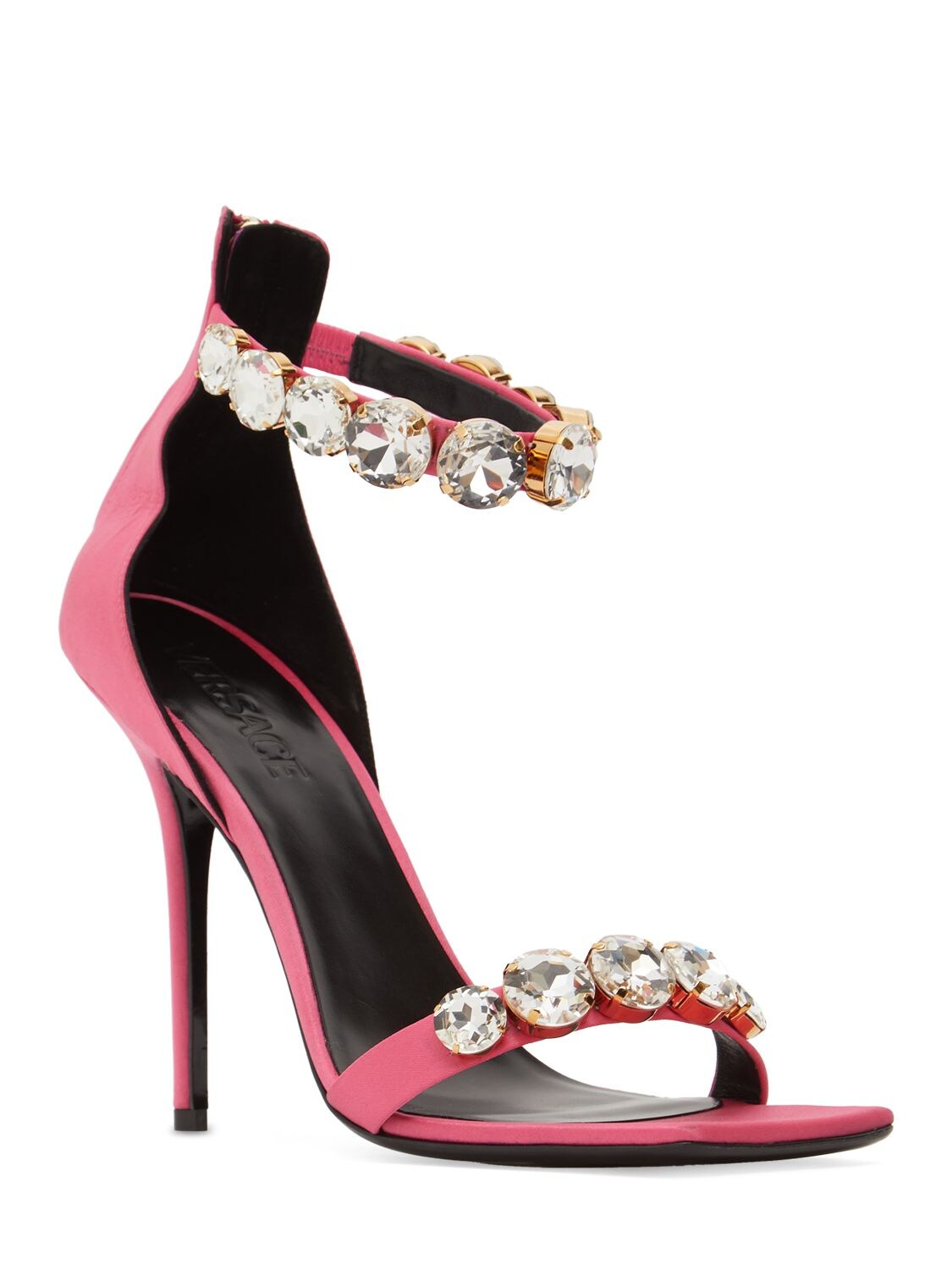 Shop Versace 110mm Embellished Satin Sandals In Dark Pink