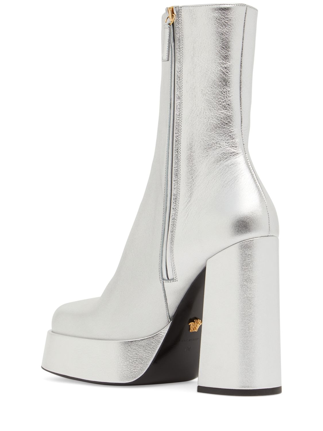 Shop Versace 120mm Metallic Leather Boots In Silver