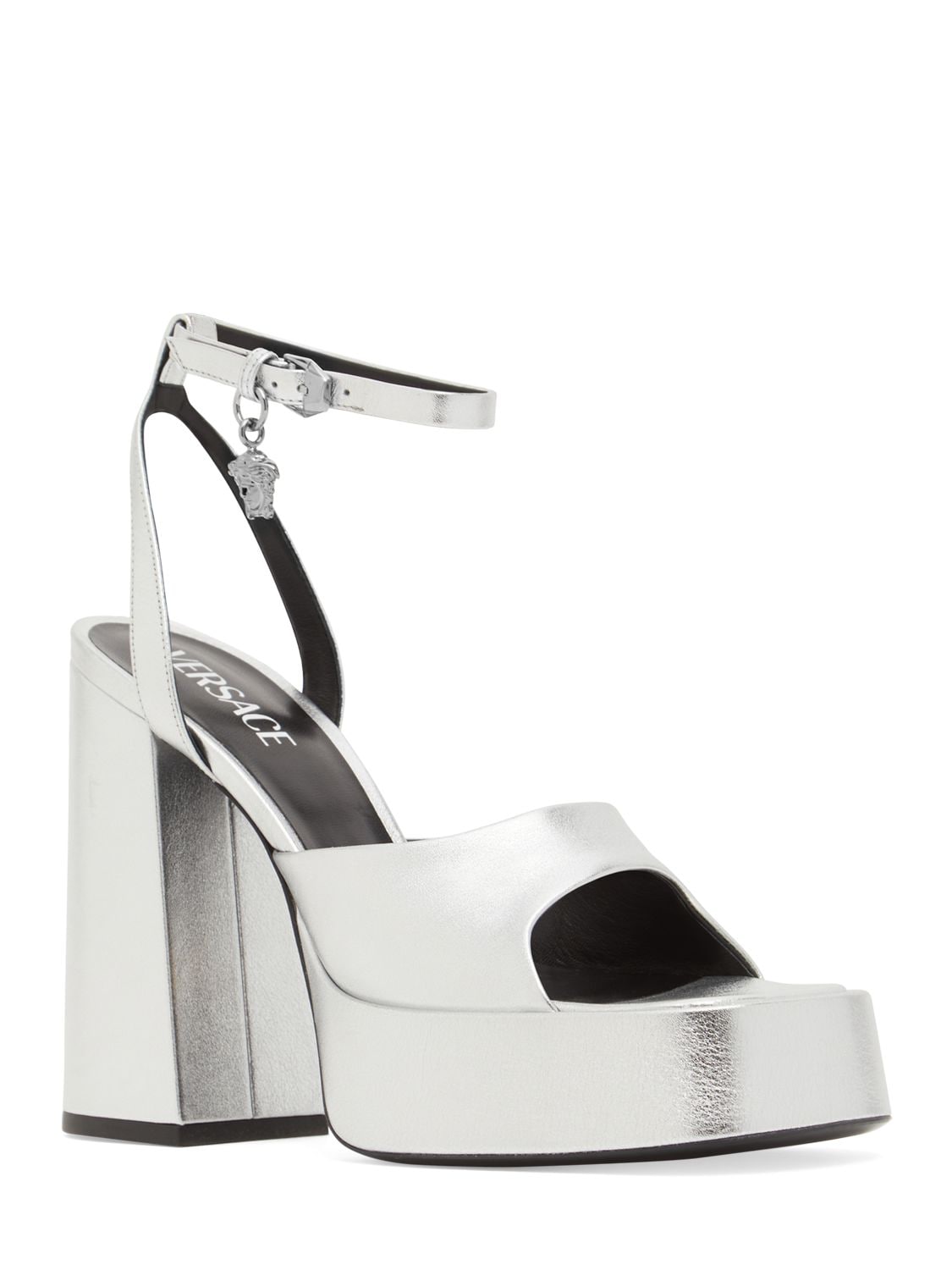 Shop Versace 120mm Metallic Leather Sandals In Silver
