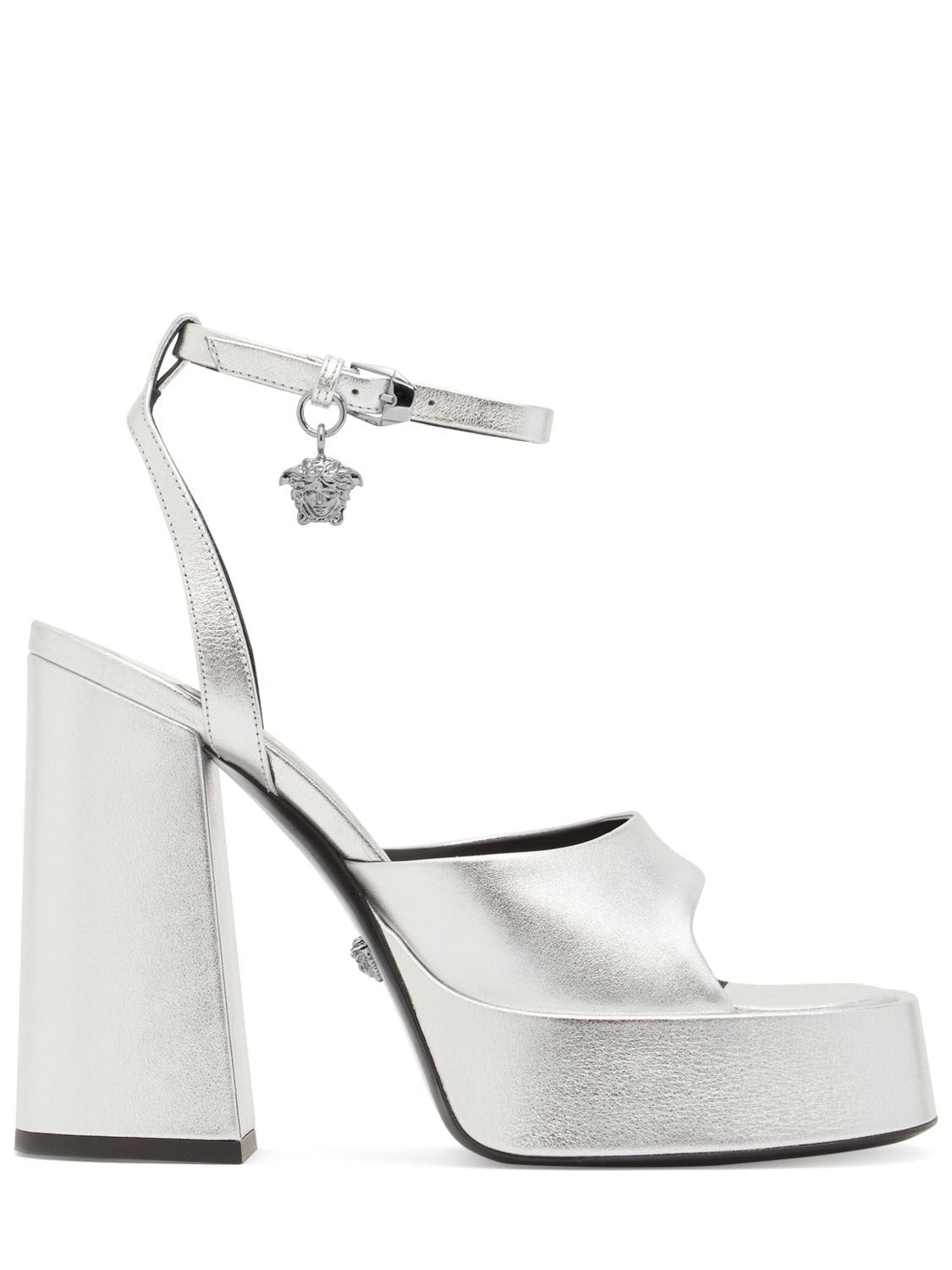 Shop Versace 120mm Metallic Leather Sandals In Silver