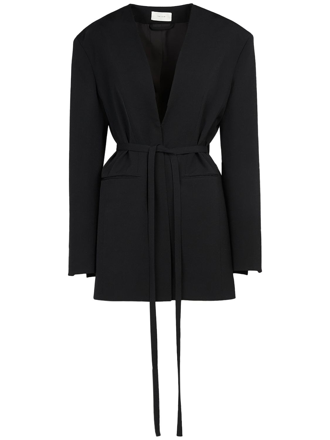 Shop The Row Clio Belted Collarless Wool Serge Jacket In Black