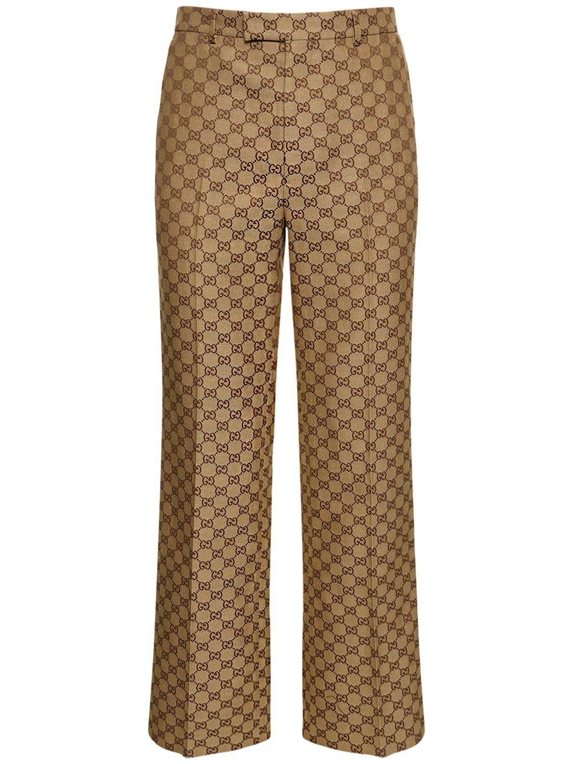 Gucci Summer Gg Supreme Linen Blend Trousers In Camel,ebony