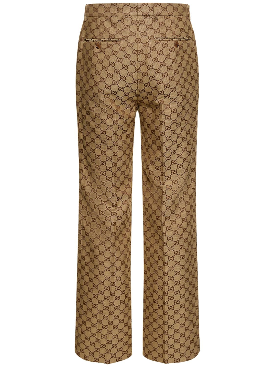Shop Gucci Summer Gg Supreme Linen Blend Pants In Camel,ebony