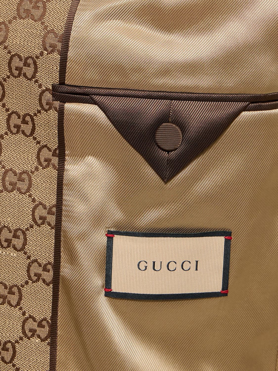 Shop Gucci Summer Gg Supreme Linen Blend Jacket In Camel,ebony