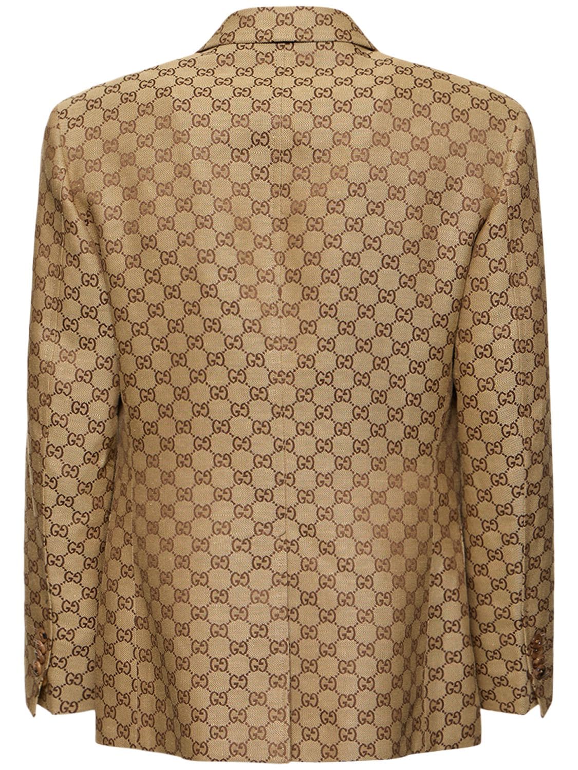 Shop Gucci Summer Gg Supreme Linen Blend Jacket In Camel,ebony