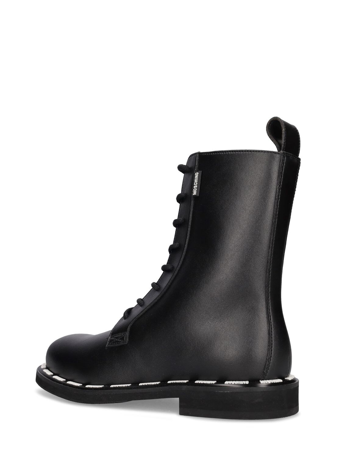 Shop Moschino Logo Faux Leather Combat Boots In Black