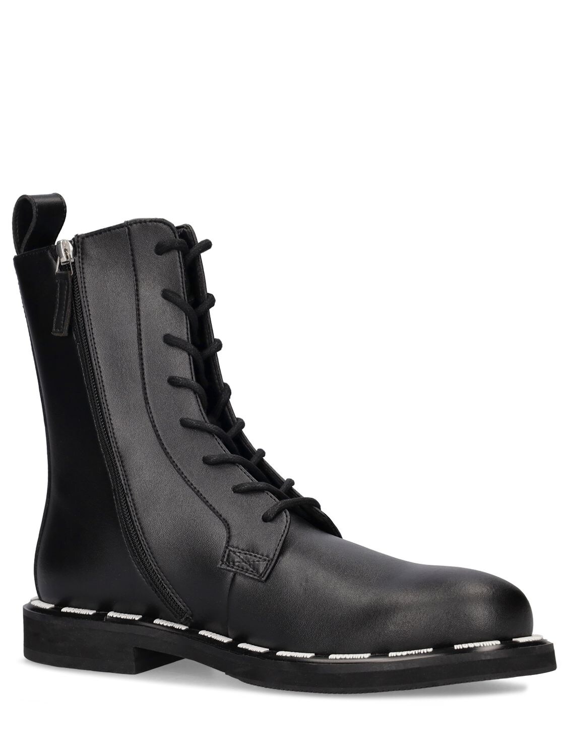 Shop Moschino Logo Faux Leather Combat Boots In Black
