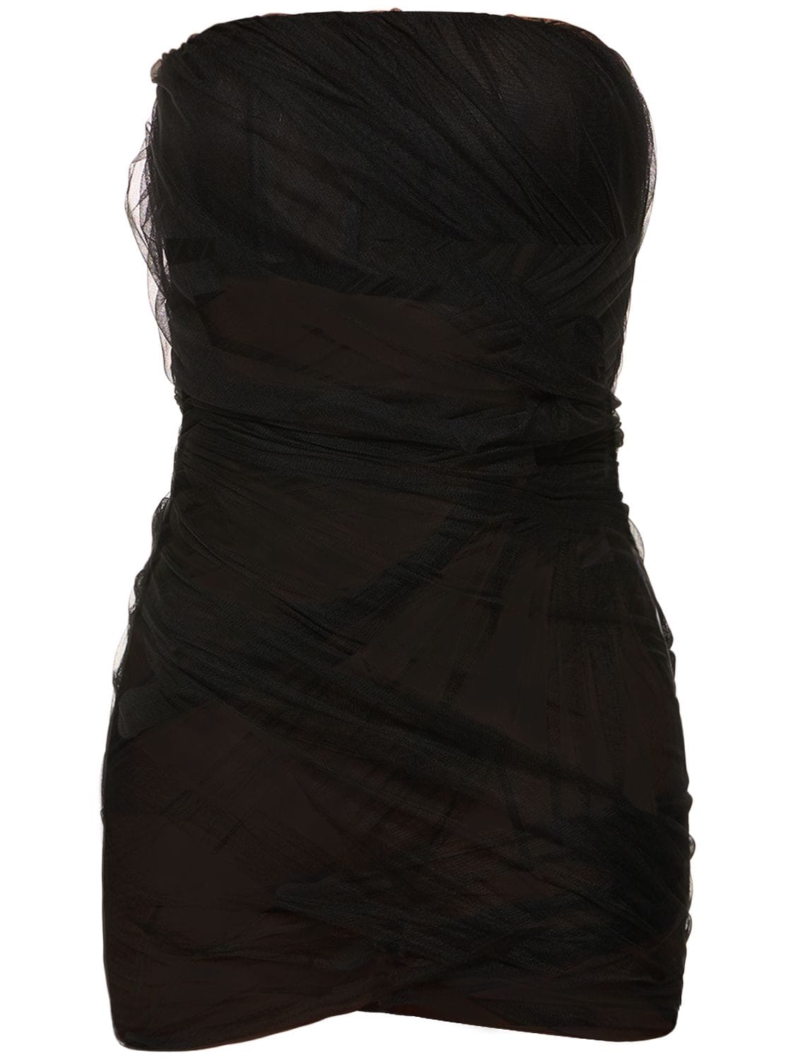Shop Attico Eita Strapless Draped Tulle Mini Dress In Black