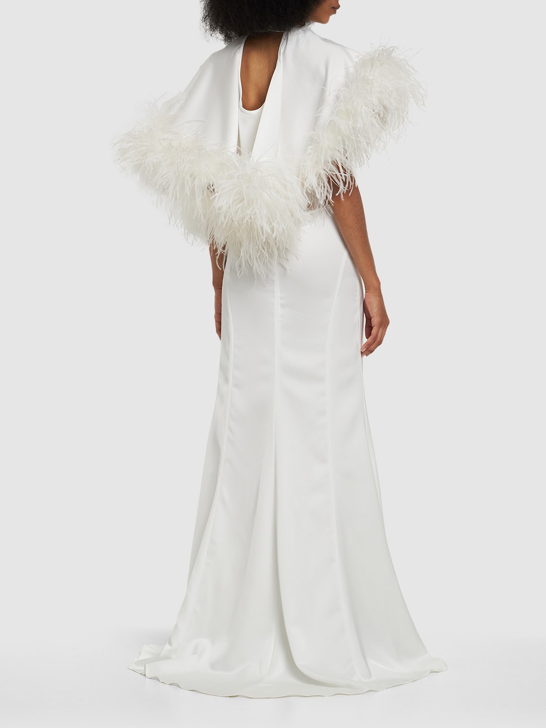 Shop Attico Airi Satin Cape Gown W/feathers In White