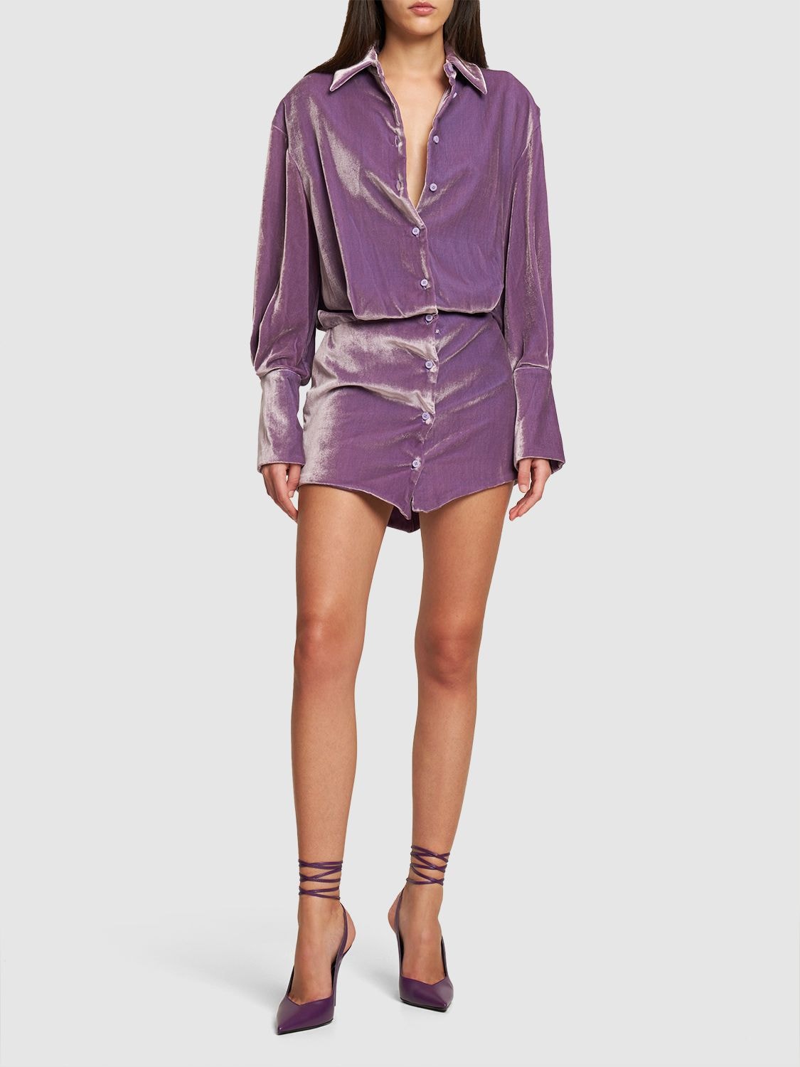 Shop Attico Silvye Velvet Mini Shirt Dress In Lavender