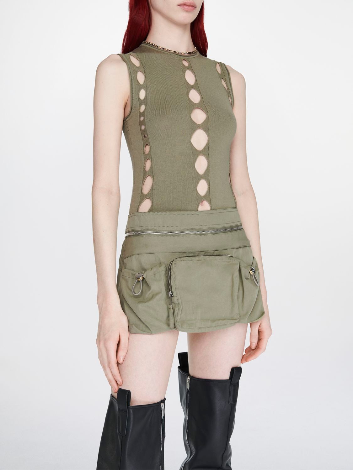 Shop Dion Lee Cotton Blend Mini Skirt W/belt Bag In Khaki
