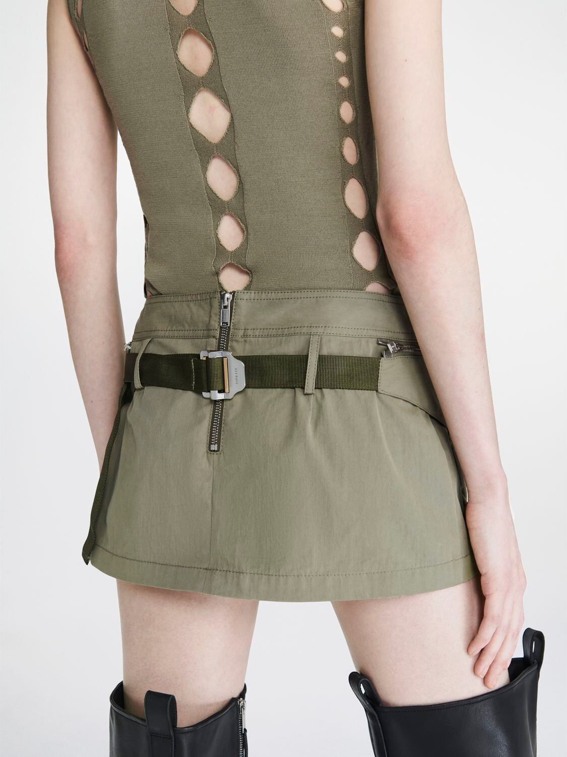 Shop Dion Lee Cotton Blend Mini Skirt W/belt Bag In Khaki