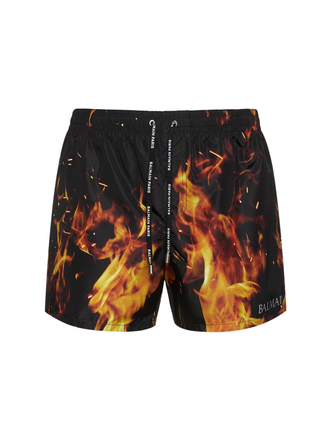 Balmain Underwear Flame Printed Swim Shorts In Black,red