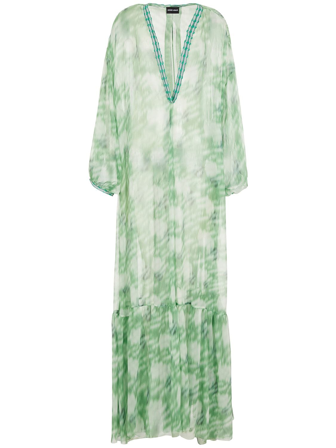 Giorgio Armani Abstract Leopard Print Semi-sheer Silk Maxi Dress In Green