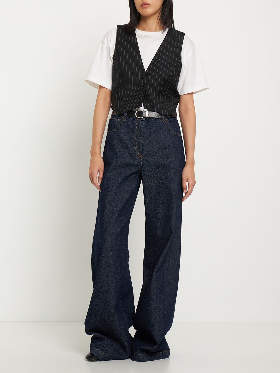 Shop Aspesi Cotton Denim High Rise Wide Pants In Navy