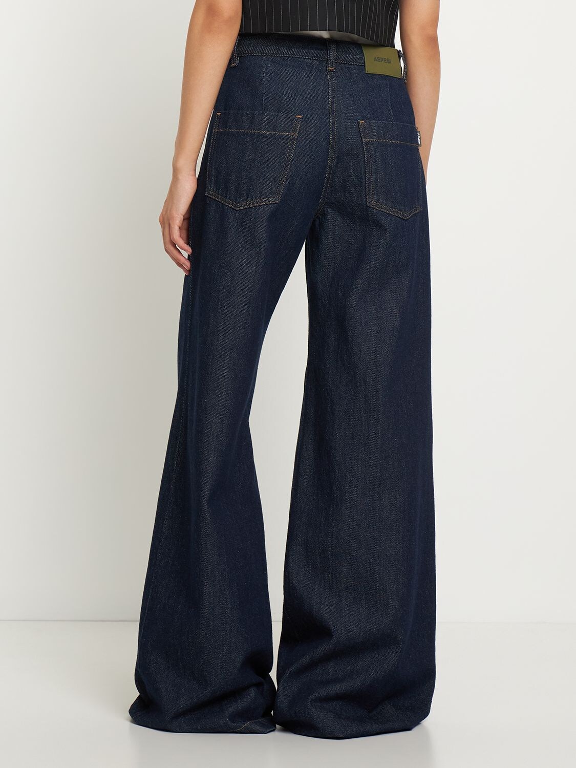 Shop Aspesi Cotton Denim High Rise Wide Pants In Navy