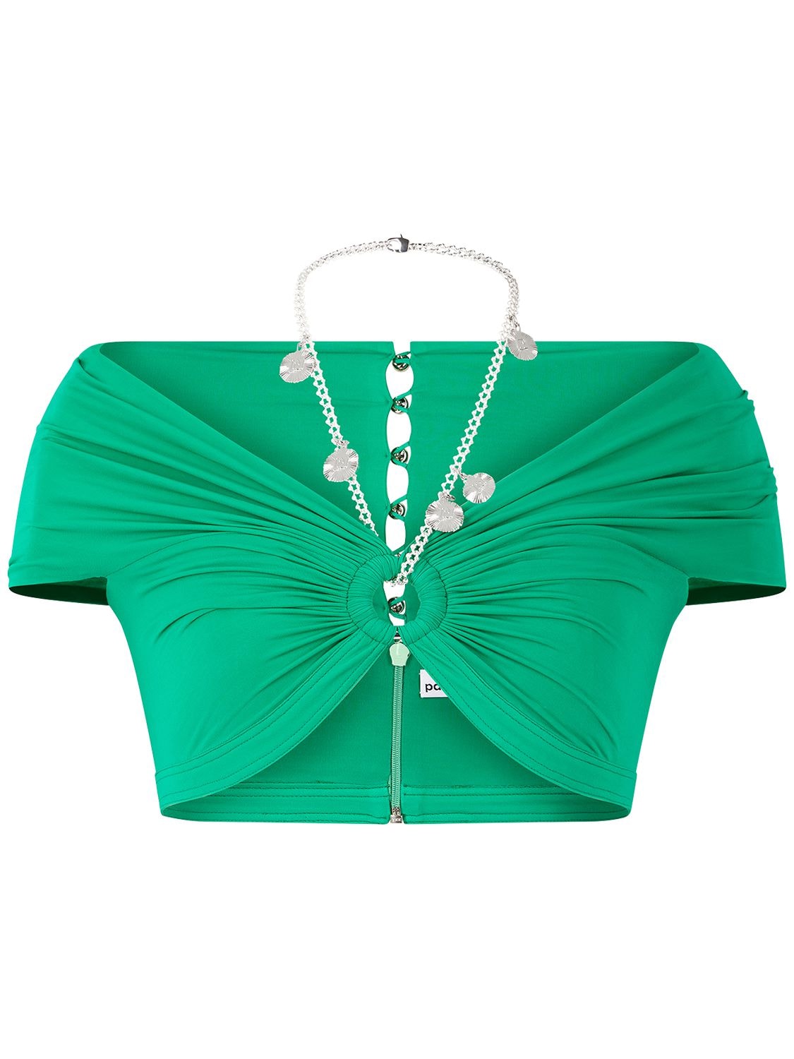 Shop Rabanne Jersey Chain Embellished Crop Top In Green