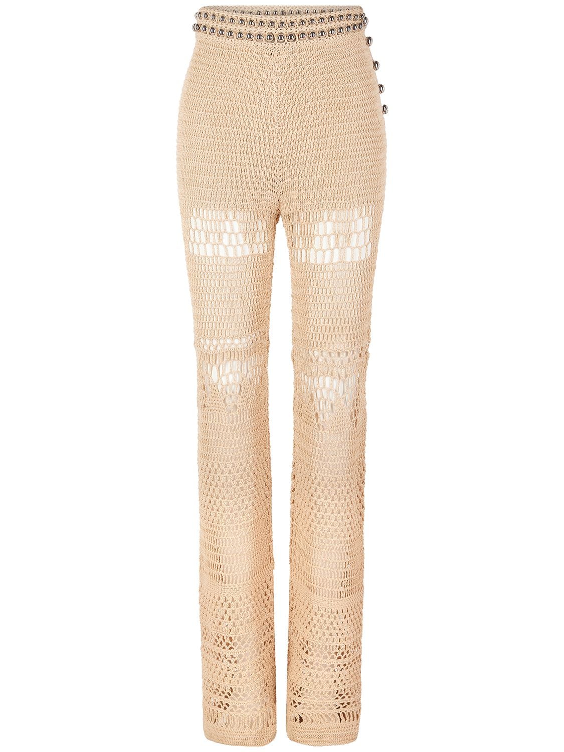 Paco Rabanne Crochet High Waisted Straight Pants In Beige
