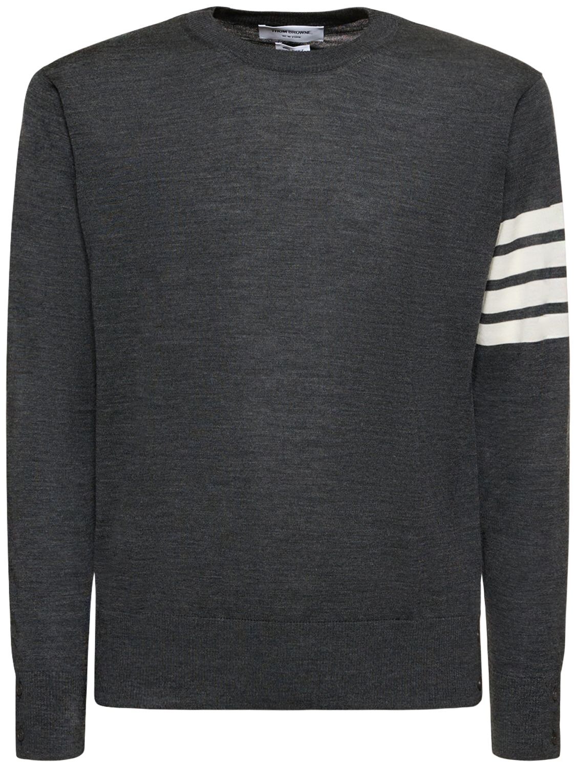 Shop Thom Browne Wool Crewneck Sweater W/ Stripes In Dark Grey